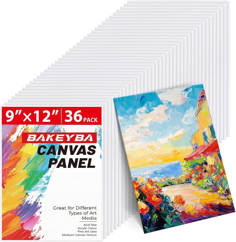 BAKEYBA Canvas Boards 36 Pack, 9x12 Inch White Blank Painting Canvas Panels, 100% Cotton Art Supplies for Acrylics Oil Watercolor Tempera Paints - Image 1